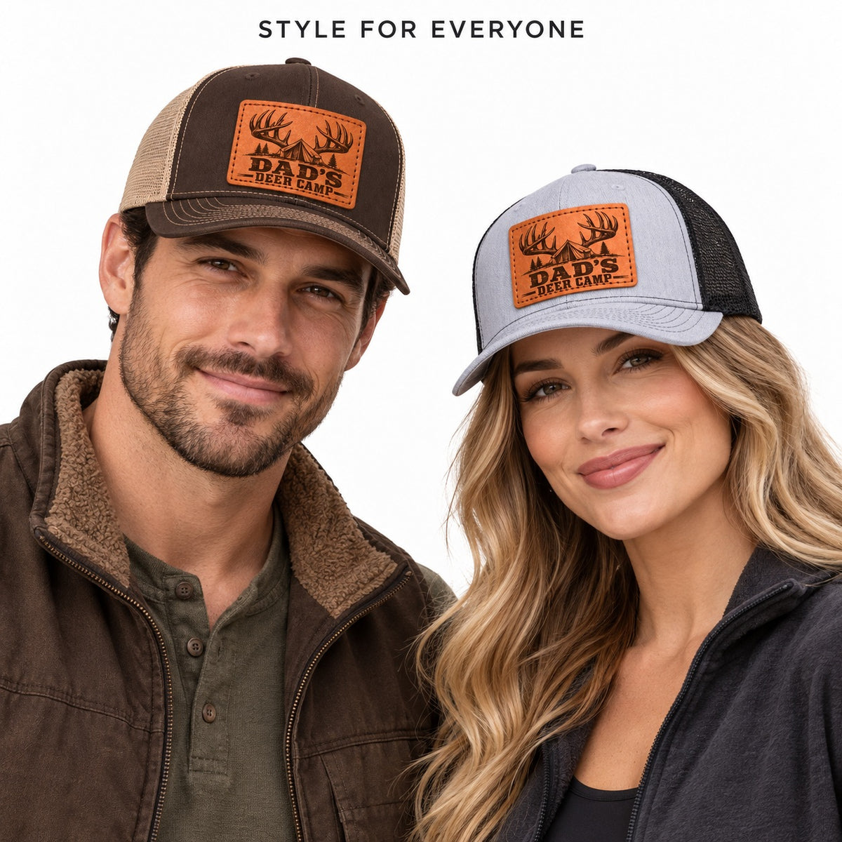Dad's Deer Camp Antler And Tent Graphic Leather Patch Trucker Hat