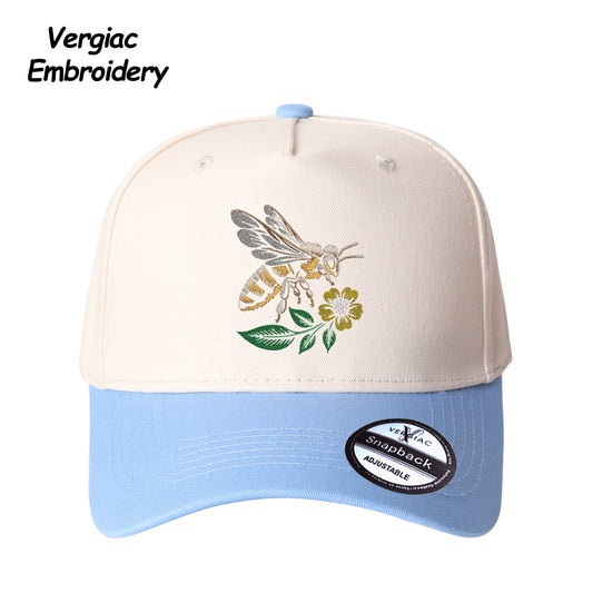 Bee on Flowers Embroidered Color Block Trucker Hat, Adjustable Unisex Cap for Travel and Everyday Wear
