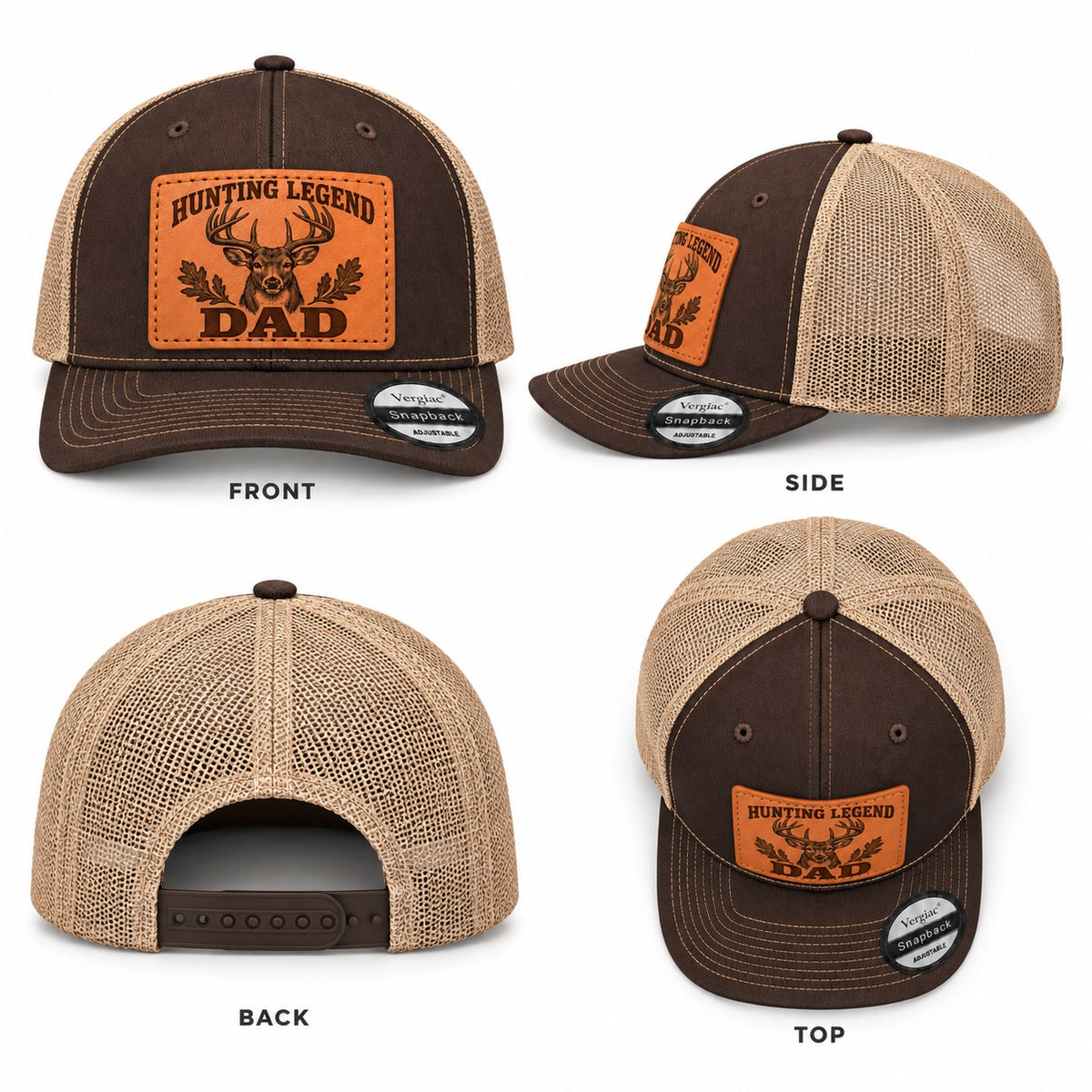 Hunting Legend Dad Deer Head And Oak Leaf Graphic Leather Patch Trucker Hat