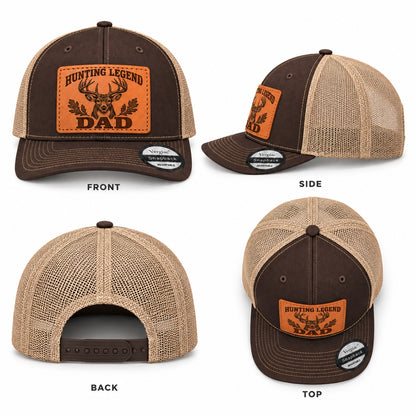 Hunting Legend Dad Deer Head And Oak Leaf Graphic Leather Patch Trucker Hat