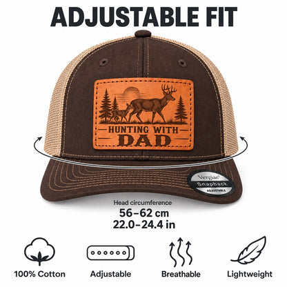 Hunting With Dad Deer And Pine Tree Graphic Leather Patch Trucker Hat