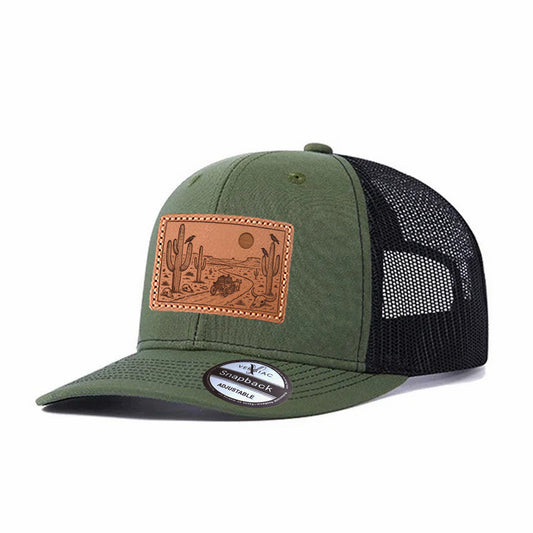 Western Gobi Desert Sunset Leather Patch Baseball Cap, Men's Breathable Adjustable Mesh Trucker Hat for Outdoor and Travel Wear