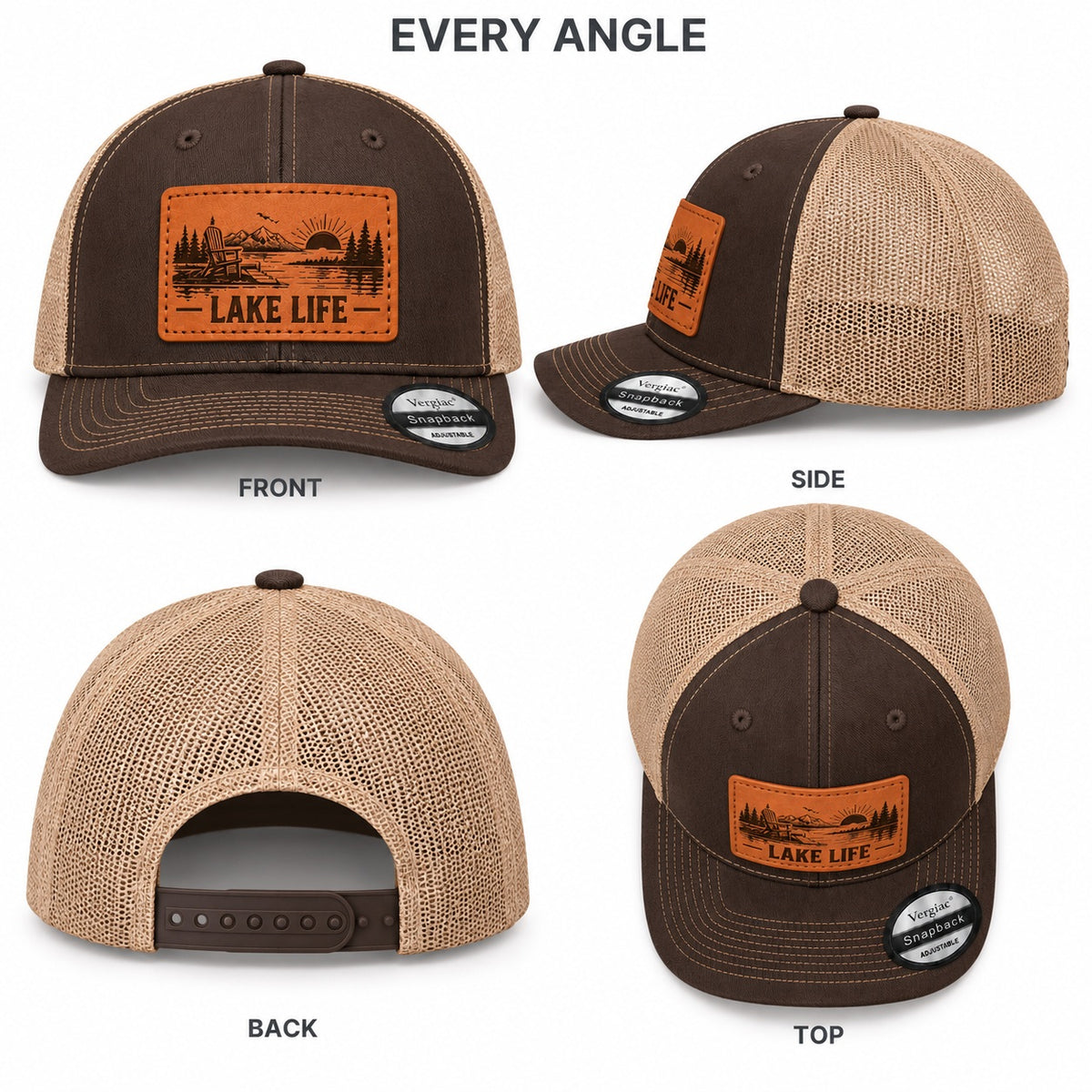 Lake Life Lakeside Chair And Mountain Graphic Leather Patch Trucker Hat