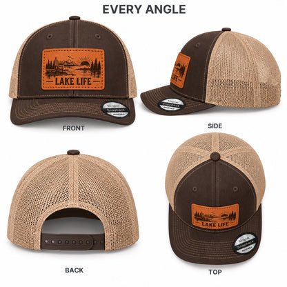 Lake Life Lakeside Chair And Mountain Graphic Leather Patch Trucker Hat