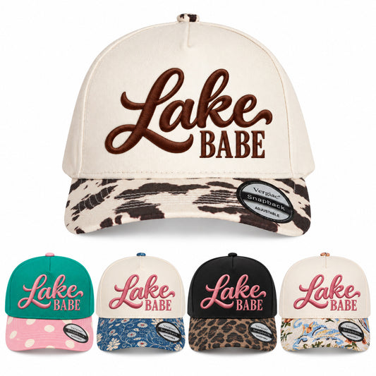 Lake BABE Decorative Script Embroidered 5-Panel Cotton Trucker Hat with Printed Brim and Structured Front, Adjustable Unisex Baseball Cap, 1 Piece