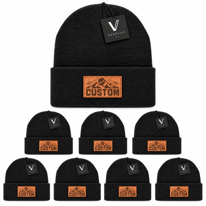 Custom Leather Patch Knit Beanies (8-Pack)
