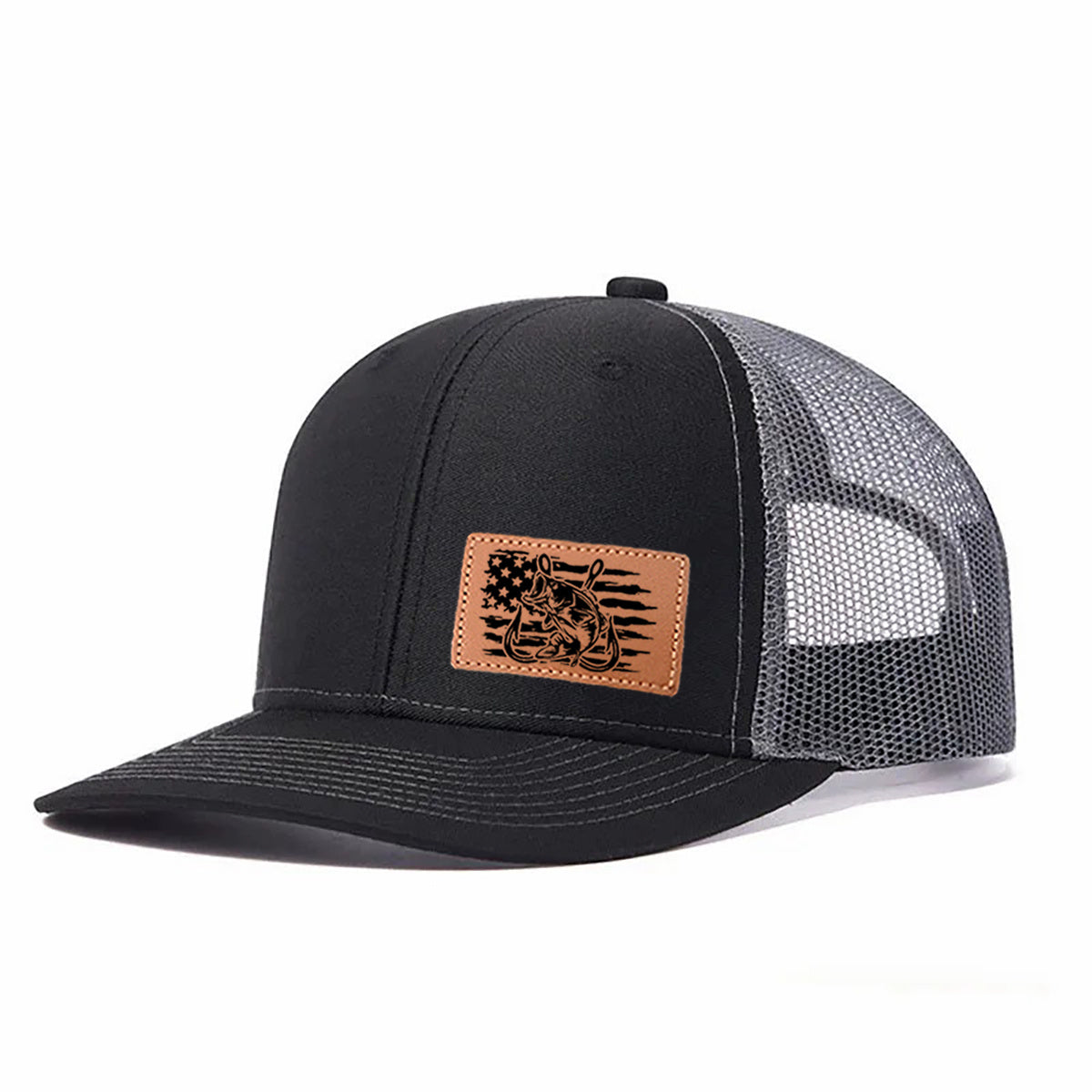 Fishing-themed Leather Patch Trucker Hat