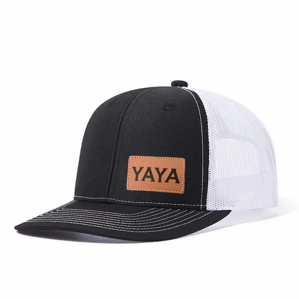 YAYA Leather Patch Embroidered Color Block Trucker Hat Unisex Adjustable Cotton Breathable Fashion Cap for Travel Daily Wear