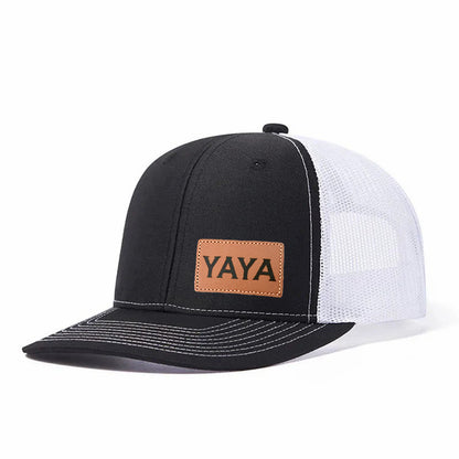 YAYA Leather Patch Embroidered Color Block Trucker Hat Unisex Adjustable Cotton Breathable Fashion Cap for Travel Daily Wear
