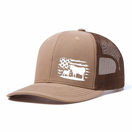 American Flag And Cattle Silhouette Leather Patch Trucker Hat