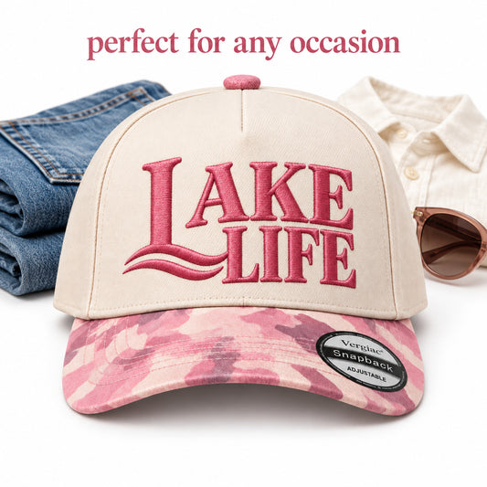 LAKE LIFE Lakeside-Themed Letter Embroidered 5-Panel Cotton Trucker Hat with Printed Brim and Structured Front, Adjustable Unisex Baseball Cap, 1 Piece