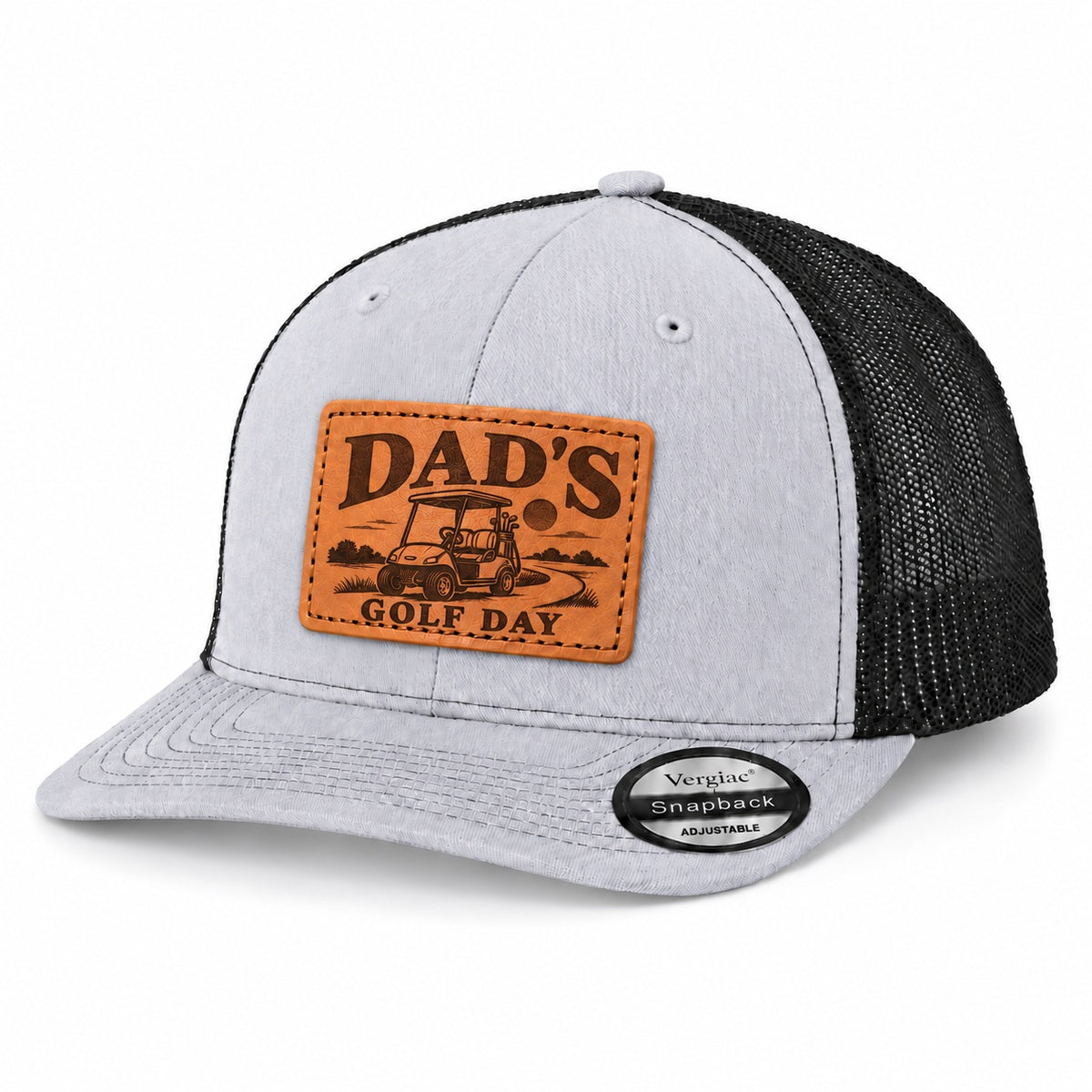 Dad's Golf Day Golf Cart Graphic Leather Patch Trucker Hat