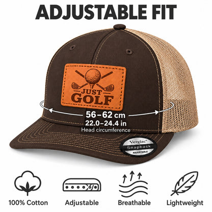 Just Golf Golf Club Graphic Leather Patch Trucker Hat