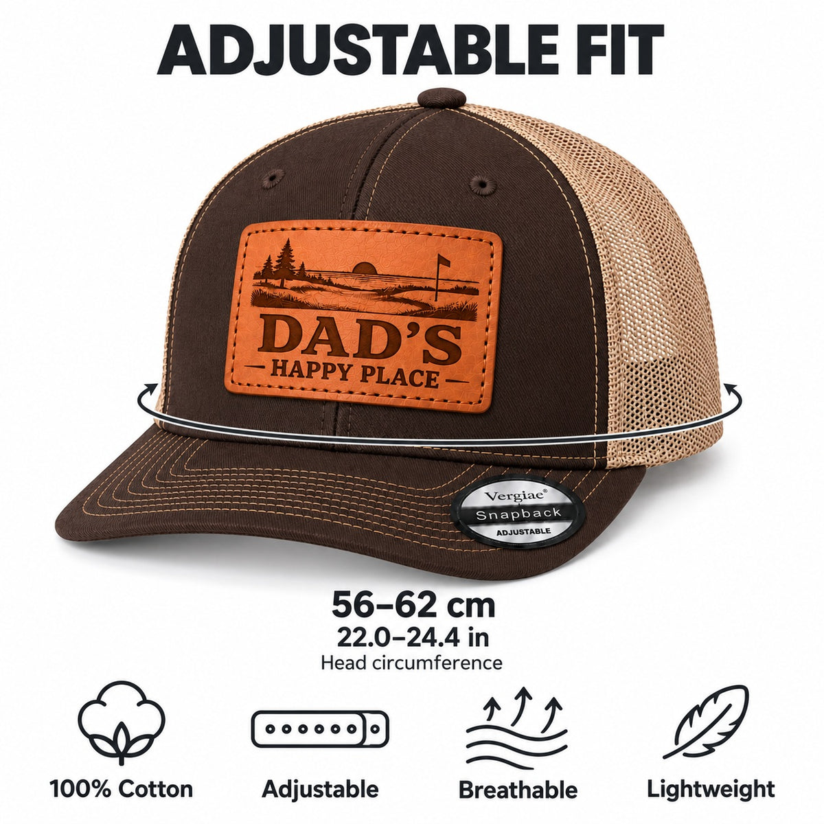 Dad's Happy Place Sunset Golf Course Graphic Leather Patch Trucker Hat