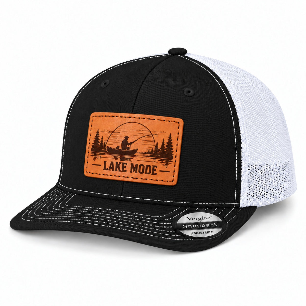 Lake Mode Lake Fishing Graphic Leather Patch Trucker Hat