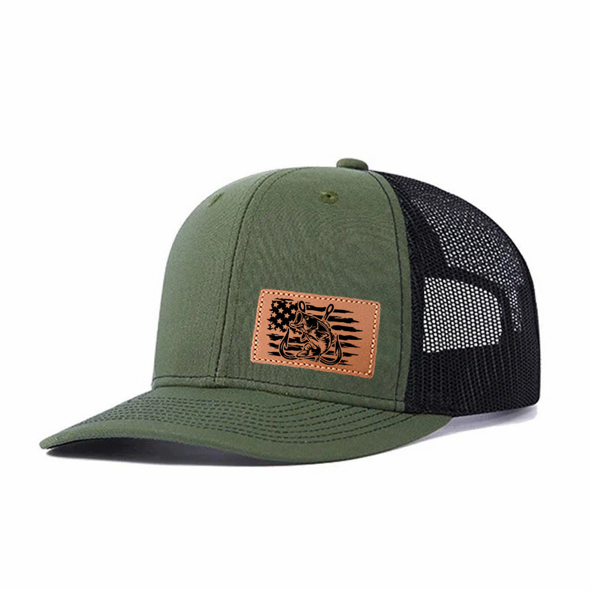 Fishing-themed Leather Patch Trucker Hat