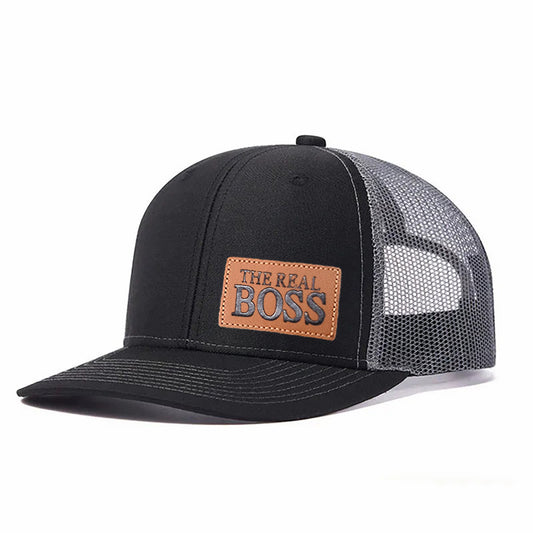 THE REAL BOSS Letter Leather Patch Embroidered Color Block Trucker Hat Unisex Adjustable Cotton Breathable Fashion Cap for Travel Daily Wear