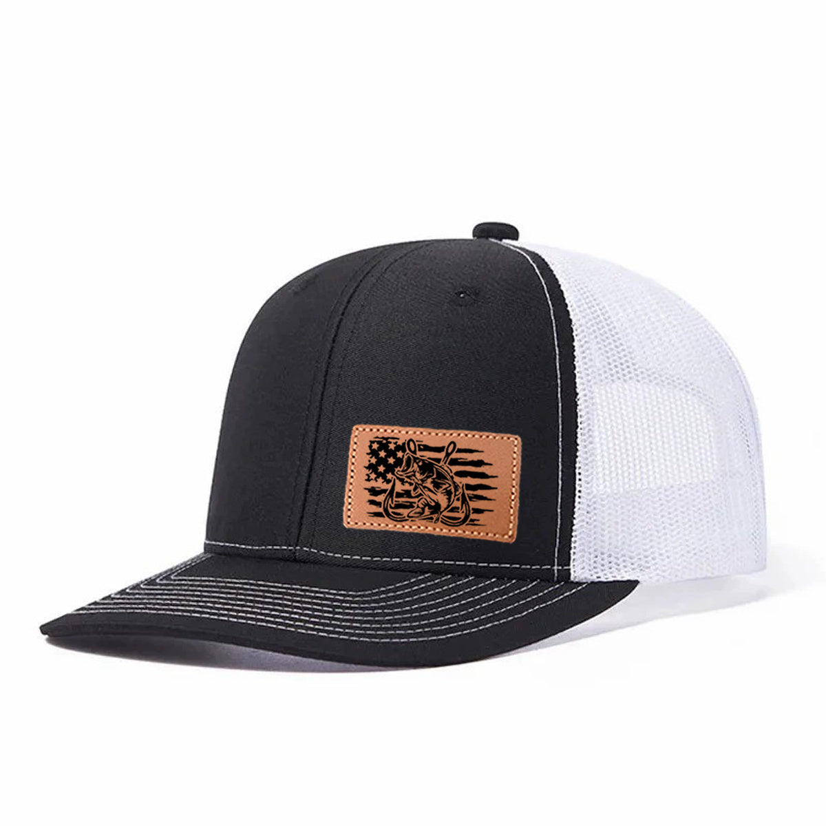 Fishing-themed Leather Patch Trucker Hat