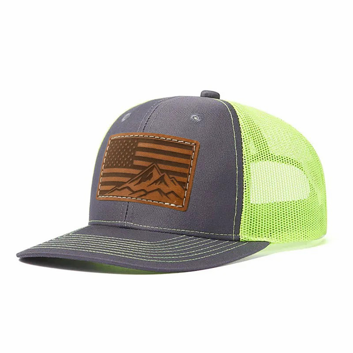 USA Flag Mountain Leather Patch Trucker Hat