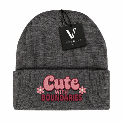A Cute WITH BOUNDARIES Embroidered Acrylic Knitted Hat Unisex High Elasticity High Gram Weight Warm and Comfortable