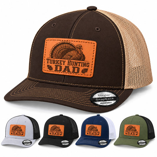 TURKEY HUNTING DAD Turkey and Oak Leaf Graphic Leather Patch Vintage Baseball Cap, Structured Mesh Trucker Hat, Adjustable Breathable Unisex Outdoor Cap in Multiple Colors