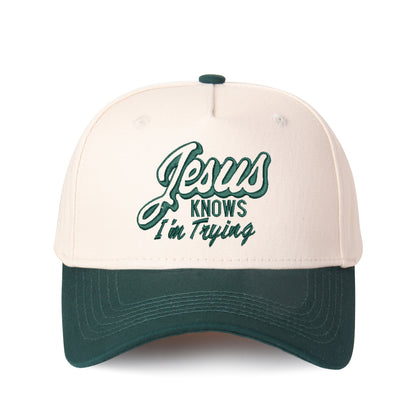 Jesus Knows I'm Trying Embroidered Trucker Hat