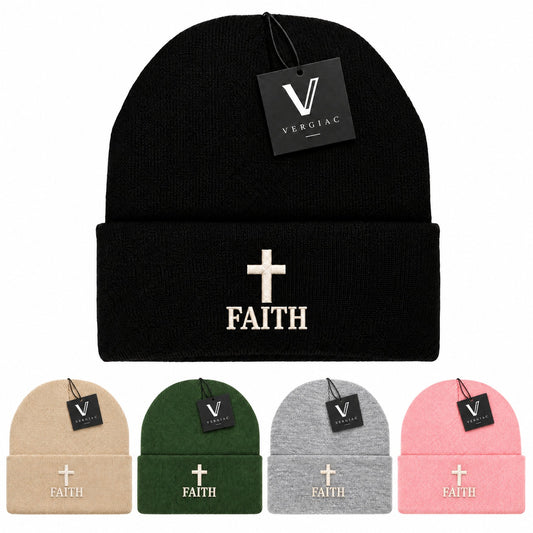 A FAITH Embroidered Acrylic Knitted Hat Unisex High Elasticity High Gram Weight Warm and Comfortable