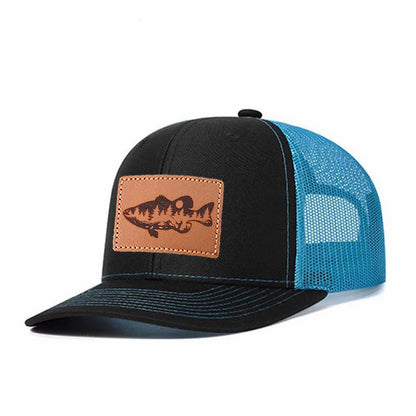 Largemouth Bass Scene Leather Patch Trucker Hat