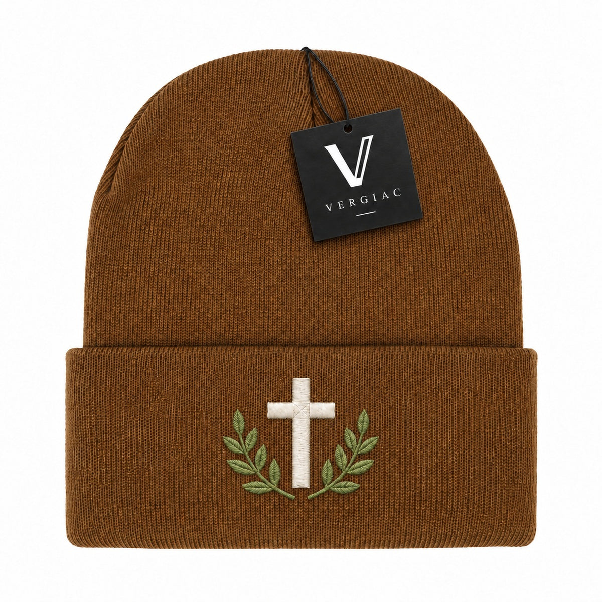 A Cross and Olive Branches Embroidered Acrylic Knitted Hat Unisex High Elasticity High Gram Weight Warm and Comfortable