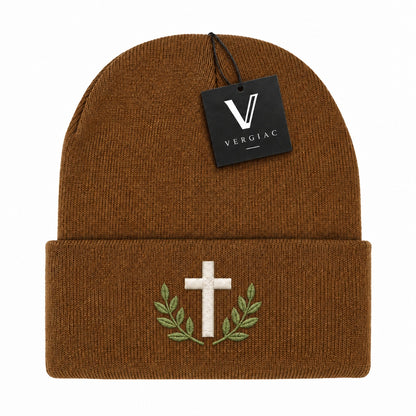 A Cross and Olive Branches Embroidered Acrylic Knitted Hat Unisex High Elasticity High Gram Weight Warm and Comfortable