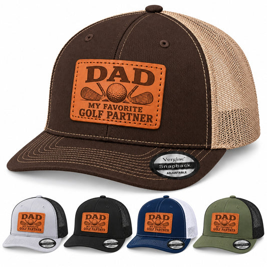 Dad My Favorite Golf Partner Golf Club Graphic Leather Patch Trucker Hat