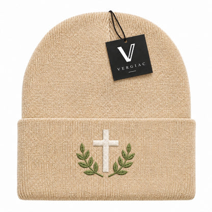 A Cross and Olive Branches Embroidered Acrylic Knitted Hat Unisex High Elasticity High Gram Weight Warm and Comfortable