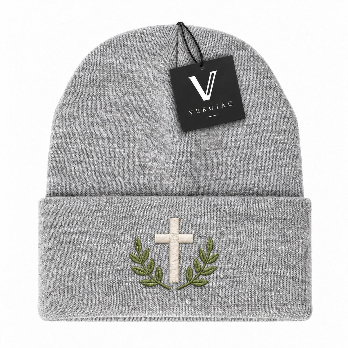 A Cross and Olive Branches Embroidered Acrylic Knitted Hat Unisex High Elasticity High Gram Weight Warm and Comfortable