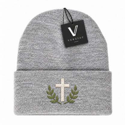 A Cross and Olive Branches Embroidered Acrylic Knitted Hat Unisex High Elasticity High Gram Weight Warm and Comfortable