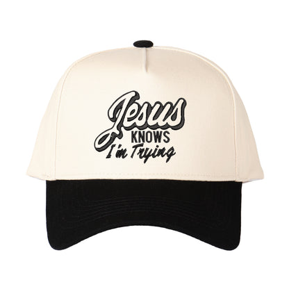 Jesus Knows I'm Trying Embroidered Trucker Hat