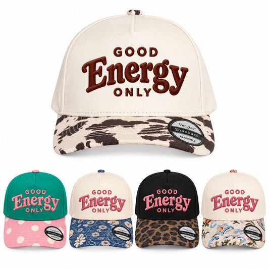 GOOD Energy ONLY Vintage Letter Embroidered 5-Panel Cotton Trucker Hat with Printed Brim and Structured Front, Adjustable Unisex Baseball Cap, 1 Piece