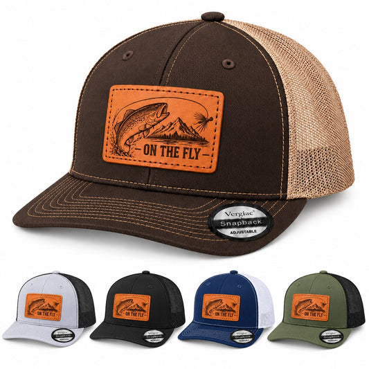 On The Fly Trout Fly Fishing Graphic Leather Patch Trucker Hat