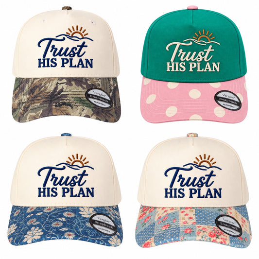 TRUST HIS PLAN Sunrise, Wave and Letter Embroidered 5-Panel Cotton Trucker Hat with Printed Brim and Structured Front, Adjustable Unisex Baseball Cap, 1 Piece