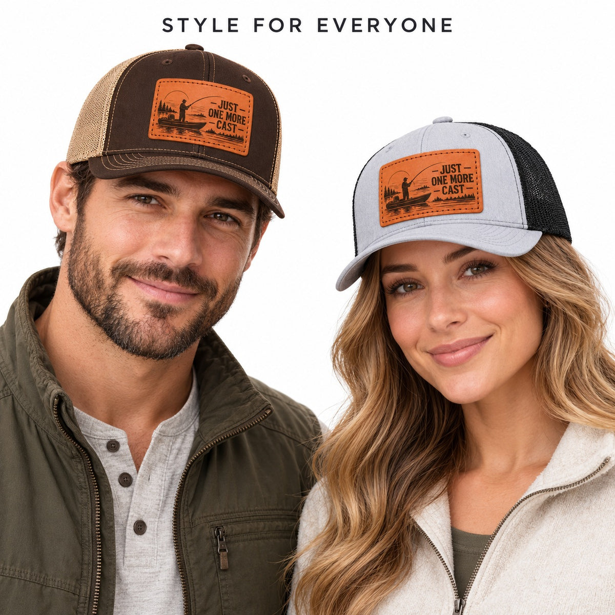Just One More Cast Boat And Fishing Cast Graphic Leather Patch Trucker Hat