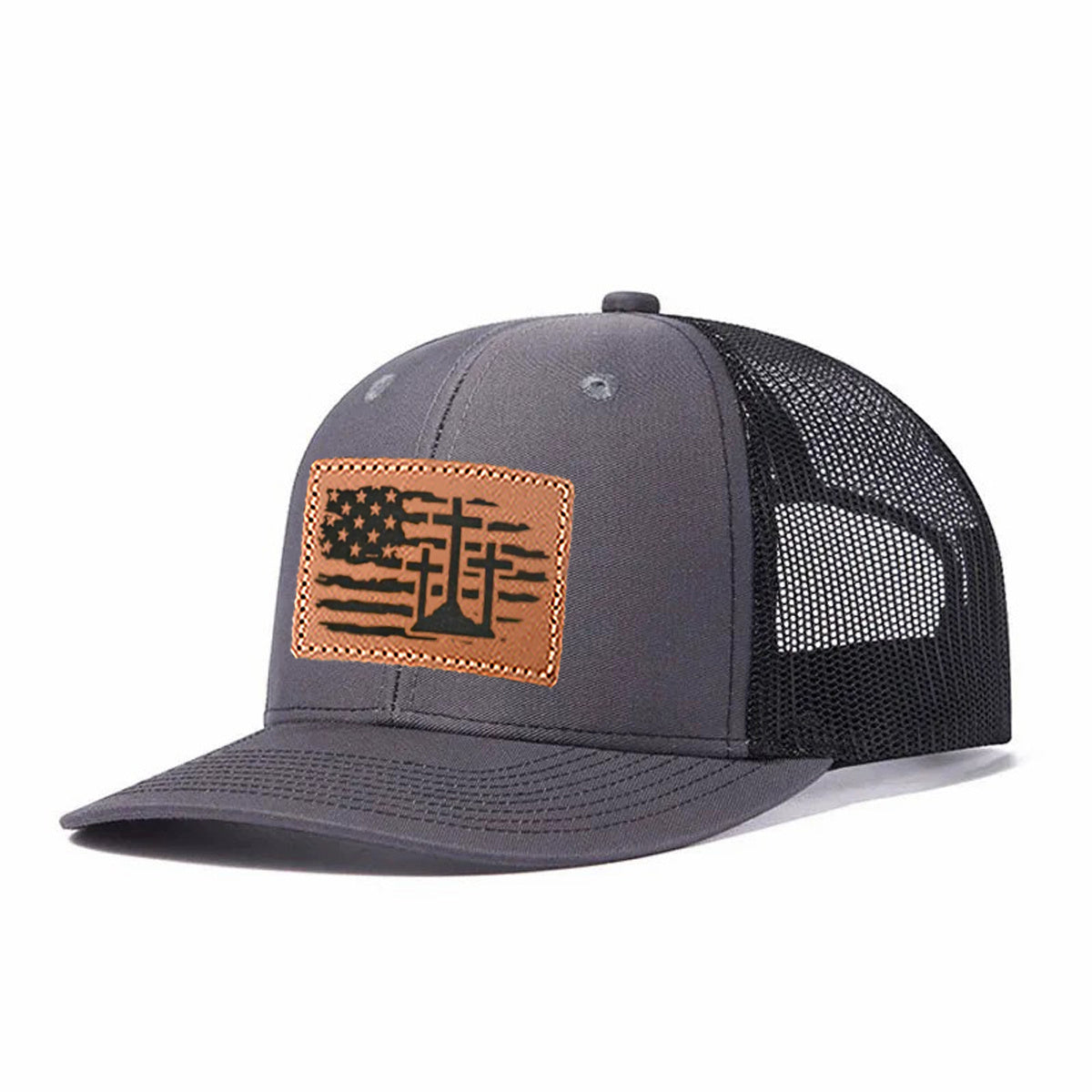 Us Flag Cross Leather Patch Trucker Hat