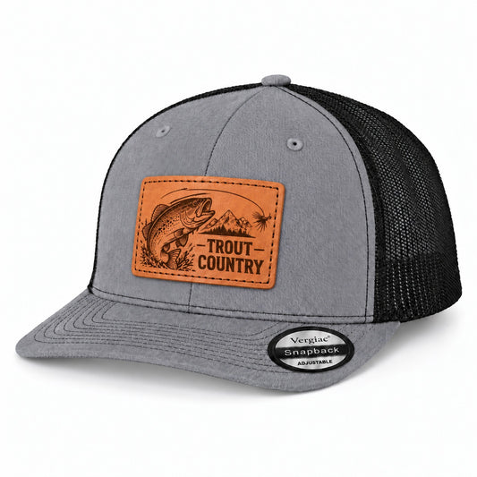 TROUT COUNTRY Trout and Mountain Graphic Leather Patch Vintage Baseball Cap, Structured Mesh Trucker Hat, Adjustable Breathable Unisex Outdoor Cap in Multiple Colors