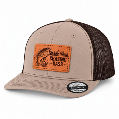 Chasing Bass Bass Fishing Graphic Leather Patch Trucker Hat