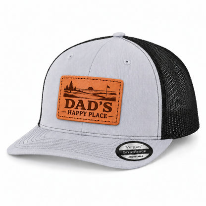 Dad's Happy Place Sunset Golf Course Graphic Leather Patch Trucker Hat