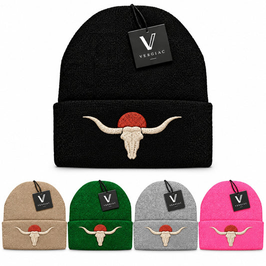 A Longhorn Skull and Sun Embroidered Acrylic Knitted Hat Unisex High Elasticity High Gram Weight Warm and Comfortable