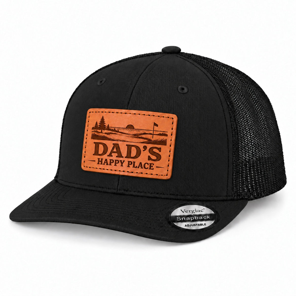 Dad's Happy Place Sunset Golf Course Graphic Leather Patch Trucker Hat