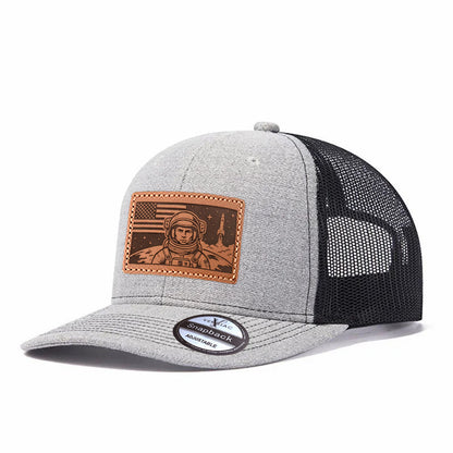 American Astronaut and Rocket Leather Patch Baseball Cap, Men's Breathable Adjustable Mesh Trucker Hat for Outdoor and Travel Wear