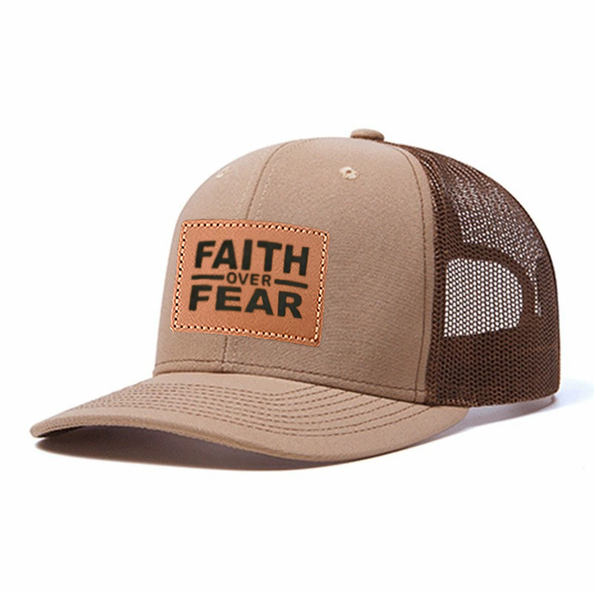 Faith Over Fear Leather Patch Trucker Hat