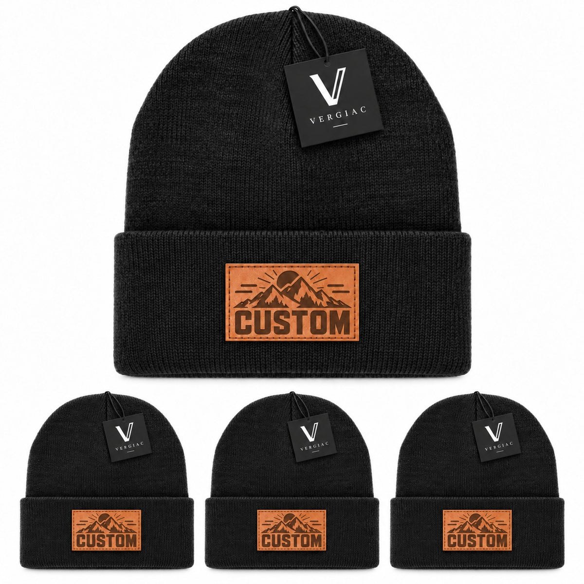 Custom Leather Patch Knit Beanies (4-Pack)