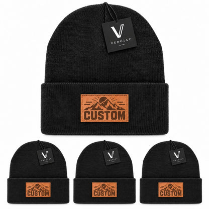 Custom Leather Patch Knit Beanies (4-Pack)
