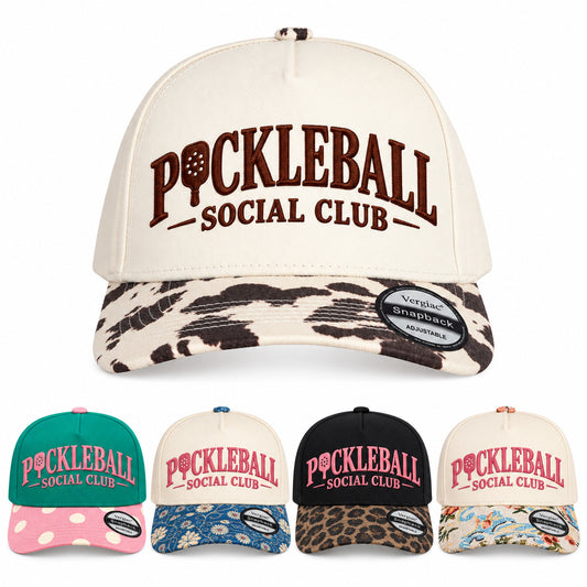 PICKLEBALL SOCIAL CLUB Pickleball and Letter Embroidered 5-Panel Cotton Trucker Hat with Printed Brim and Structured Front, Adjustable Unisex Baseball Cap, 1 Piece